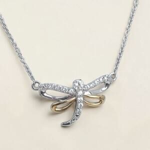 Sterling Silver 925 Two Tone Dragonfly Pendant Necklace Crystal Vintage 16"